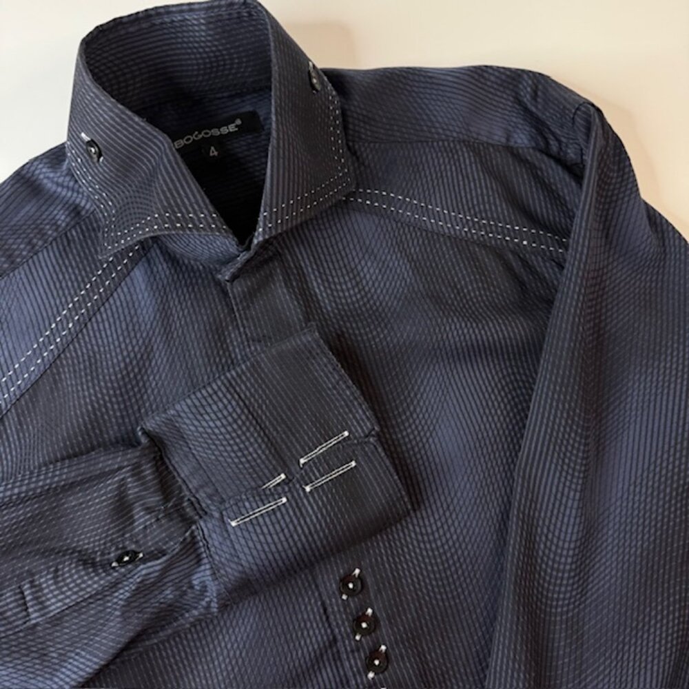 Bogosse Men's Navy Button Up Casual Long Sleeve Shirt Size 4 (L) Cuff Sleeves